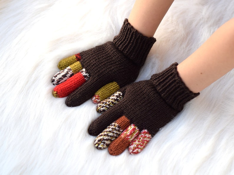 Kids' merino wool gloves, brown gloves with colored fingers, 100% wool gloves, size 3-5 years ready to ship, more colors available image 4