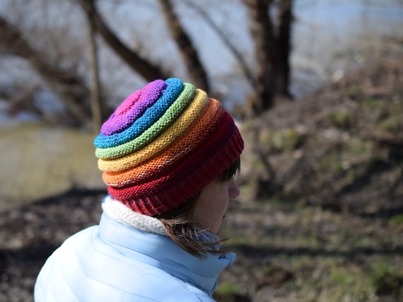 Hand Knit Rainbow Wool Beanie: Ribbed Slouchy Hat - Etsy display picture 3