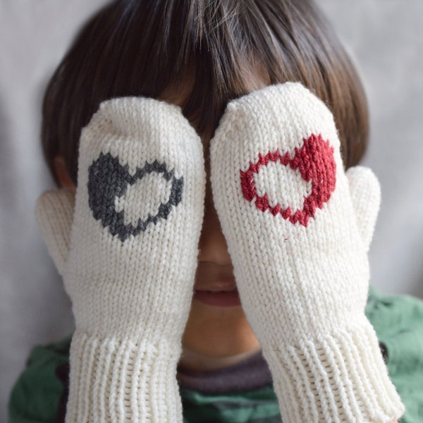 Kids mittens with hearts, handknit childrens mittens, off white toddler gloves, baby mittens, merino wool mittens, grey or red hearts