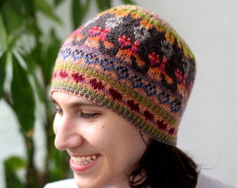 Hand Knit Wool Beanie: Autumn Cats & Hearts Colorwork Hat