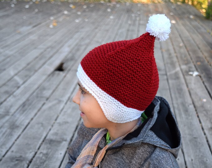 Red Earflap Hat, Santa Hat, Ski Hat, Kids Pixie Hat, Toddler Hat
