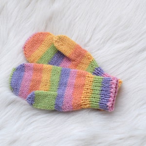 Hand knit toddler gloves, childrens mittens in rainbow, wool kids mittens, mittens with string, medium thick winter mitts Pastel rainbow