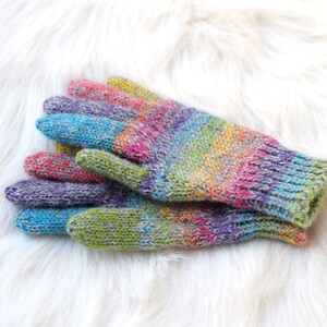Alpaca and wool rainbow gloves, children's or adult hand knit gloves, winter gloves made to order image 7