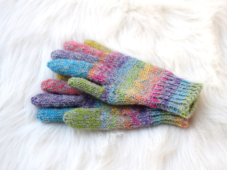 Alpaca and wool rainbow gloves, children's or adult hand knit gloves, winter gloves made to order image 7