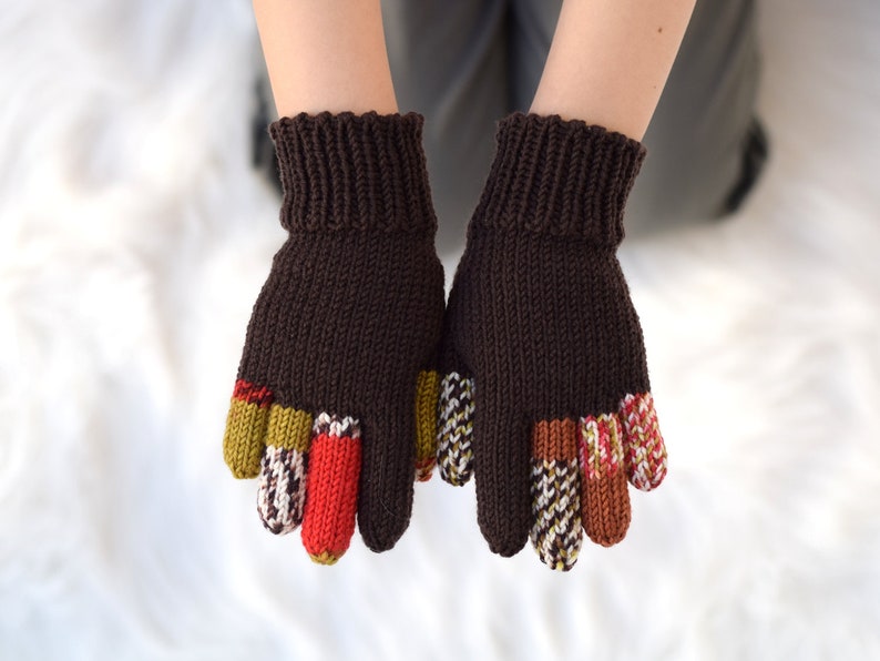 Kids' merino wool gloves, brown gloves with colored fingers, 100% wool gloves, size 3-5 years ready to ship, more colors available image 7