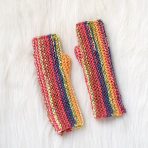 Fingerless mittens for kids in pink, yellow and blue stripes, wool fingerless mittens, autumn wristwarmers for children or adults image 6