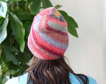 Slouchy beanie hat hand knitted in fluffy alpaca-wool, pink-rainbow striped beanie hat, exclusive unique gift idea, winter knit hat