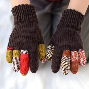 Kids' merino wool gloves, brown gloves with colored fingers, 100% wool gloves, size 3-5 years ready to ship, more colors available image 3