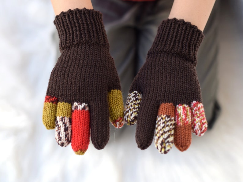 Kids' merino wool gloves, brown gloves with colored fingers, 100% wool gloves, size 3-5 years ready to ship, more colors available image 3