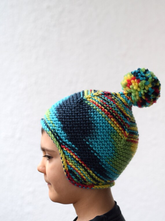 Hand Knit Rainbow Merino Wool Earflap Hat: Kids Pixie Pom  display picture 1