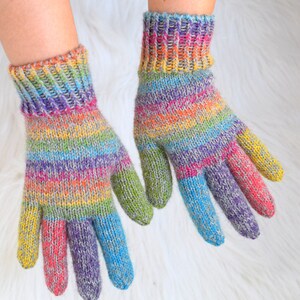 Alpaca and wool rainbow gloves, children's or adult hand knit gloves, winter gloves made to order image 3