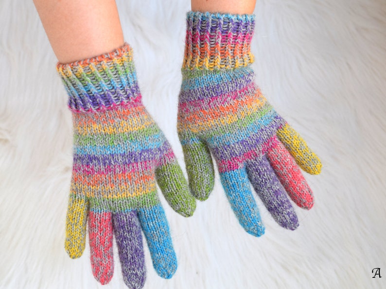 Alpaca and wool rainbow gloves, children's or adult hand knit gloves, winter gloves made to order image 3