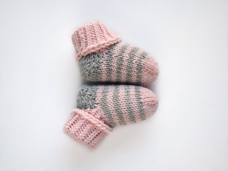 hand knit wool socks 3-6 month pink and gray merino wool baby booties Striped baby socks 6-12 month newborn