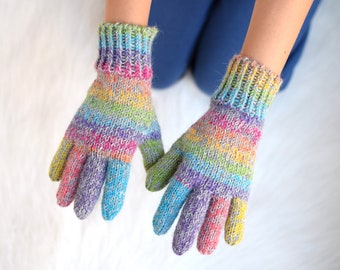 Alpaca and wool rainbow gloves, children's or adult hand knit gloves,  winter gloves made to order