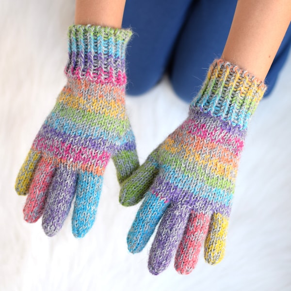 Gants arc-en-ciel en alpaga et laine, gants tricotés à la main pour enfants ou adultes, gants d'hiver fabriqués sur commande