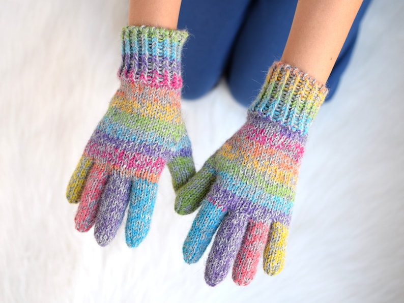 Alpaca and wool rainbow gloves, children's or adult hand knit gloves, winter gloves made to order option A