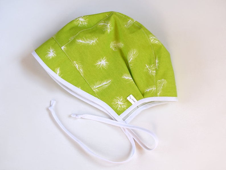 sun bonnet newborn to toddler sizes made to order Green baby sun hat with feathers summer hat baby bonnet 12-18 months ready