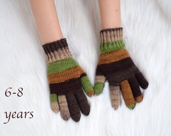 Hand Knit Wool Kid's Gloves: Brown & Green Striped Winter Gloves