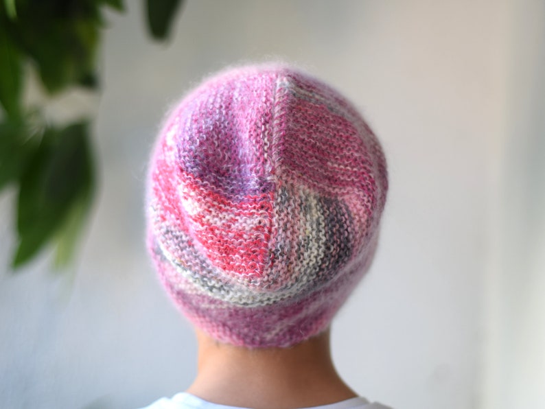 Slouchy ribbed hat in pastel colored wool, hand knit striped beanie hat, unique fluffy hat in pink and gray shades image 4