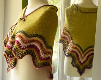 Lime green wool shawl with wavy colorful lacy edging. Handknit soft shoulder cover.