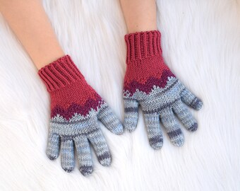 Exclusive hand knit merino wool gloves, hand knit gray and marsala gloves, winter gloves made to order, size 6-8 years ready to ship