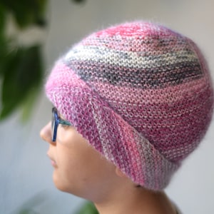 Slouchy ribbed hat in pastel colored wool, hand knit striped beanie hat, unique fluffy hat in pink and gray shades image 1