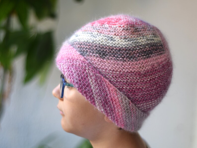 Slouchy ribbed hat in pastel colored wool, hand knit striped beanie hat, unique fluffy hat in pink and gray shades image 1