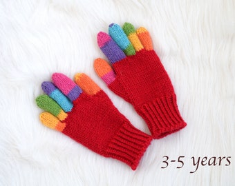 Hand knit red and rainbow gloves, children's or adult striped wool winter gloves, winter gloves ready to ship in size 3-5 years