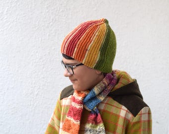 Hand Knitted Wool Beanie: Green Striped Winter Hat