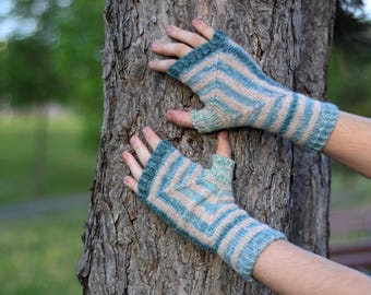 Blue Striped Alpaca Fingerless Mittens: Knit Wrist Warmers