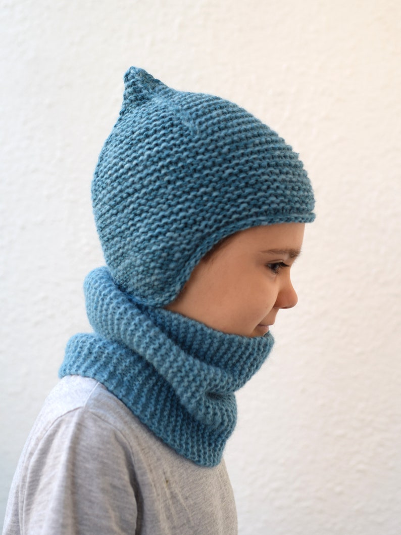 Teal blue earflap hat, alpaca and wool kids pixie hat, toddler hat, chunky hat, choose size and color image 1