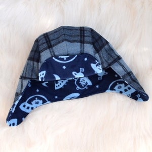 Blue aviator hat, winter hat with earflaps, plaid hat, ufo print lining, newborn to adult sizes trapper hat, Made to order image 4