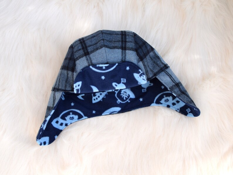 Blue aviator hat, winter hat with earflaps, plaid hat, ufo print lining, newborn to adult sizes trapper hat, Made to order image 4