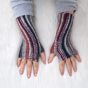 Wool fingerless mittens for kids in gray, burgundy and brown stripes, wool fingerless mittens, spring wrist warmers for children or adults image 3