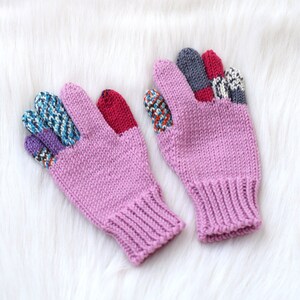 Girls merino wool gloves, children&#39;s or adult gloves in pink-blue, winter gloves, 5 finger gloves, size 3-5 years ready to ship