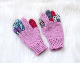 Girls merino wool gloves, children's or adult gloves in pink-blue, winter gloves, 5 finger gloves, size 3-5 years ready to ship