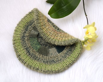 Hand Knit Green Shades Beret: Wool Mohair Silk Hat