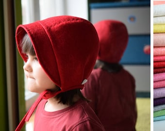 Red wool hat, little red riding hood winter felt hat, classic baby bonnet, vintage style flower girl bonnet, 24 colors