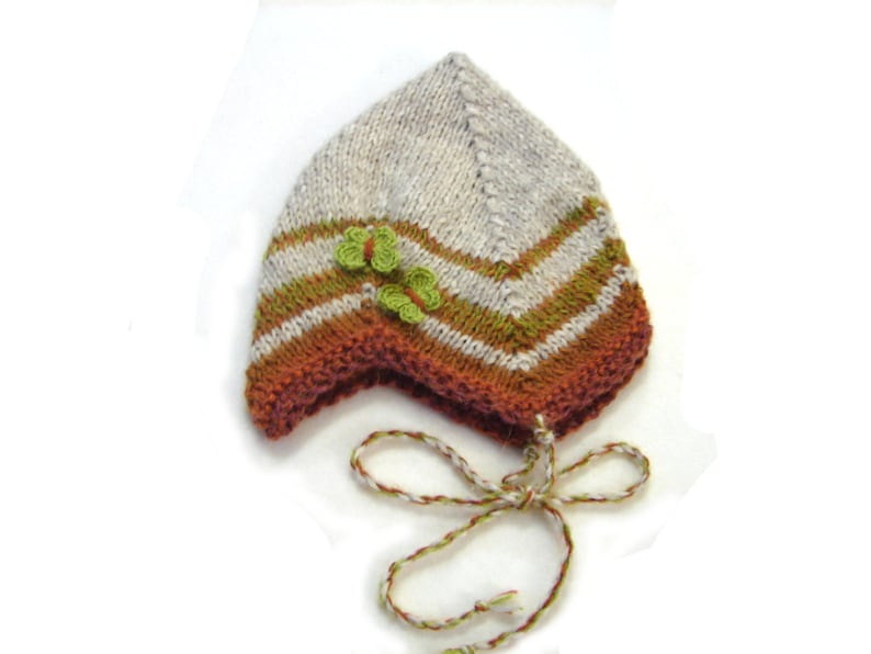 Ready to ship Beige baby fairy hat with brown stripes and green butterflies size 1 year to 3 years