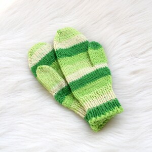 Hand knit toddler gloves, childrens mittens in rainbow, wool kids mittens, mittens with string, medium thick winter mitts Green shades