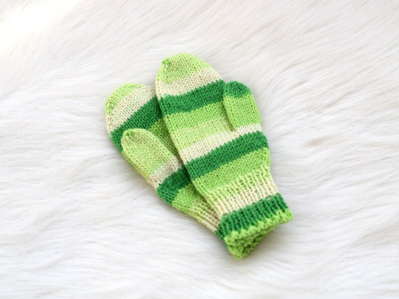 Hand knit toddler gloves, childrens mittens in rainbow, wool kids mittens, mittens with string, medium thick winter mitts Green shades