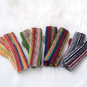 Fingerless mittens for kids in pink, yellow and blue stripes, wool fingerless mittens, autumn wristwarmers for children or adults image 8