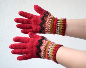 Hand knit wool gloves with chevron pattern, red, brown and striped gloves, mismatched winter gloves in Christmas colors