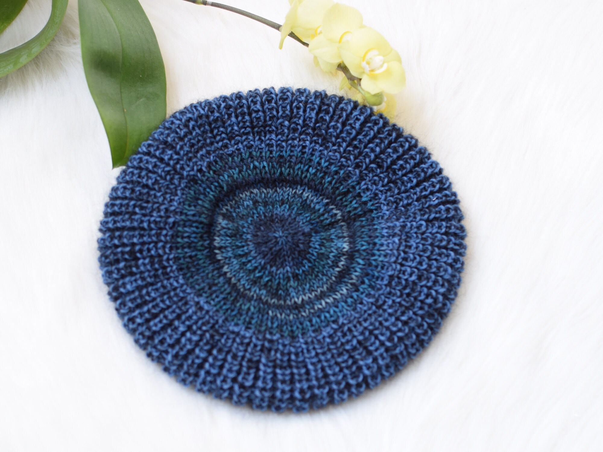 Béret Fait Main En Laine Mohair - Tons Chinés Bleu/violet, Grande Taille - Neuf, Fabrication Française