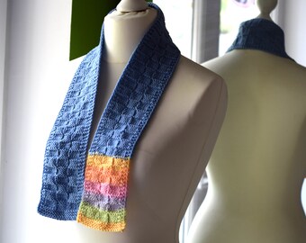 Kids scarf in blue and rainbow soft wool, for boys and girls, merino wool scarf, fun rainbow, Ready to ship