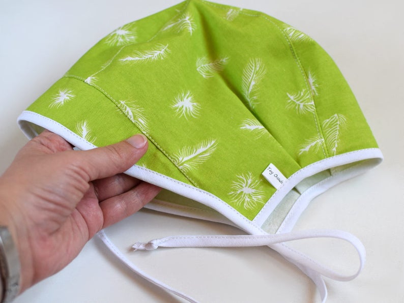 sun bonnet newborn to toddler sizes made to order Green baby sun hat with feathers summer hat baby bonnet 12-18 months ready