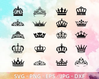 May include: A set of 20 black crown silhouettes, including various styles of king and queen crowns. The crowns are arranged in a grid pattern on a light blue and pink watercolor background.