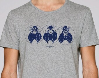 T-shirt bio d'été TROIS SINGES de SAGESSE équitable imprimé en France artisan