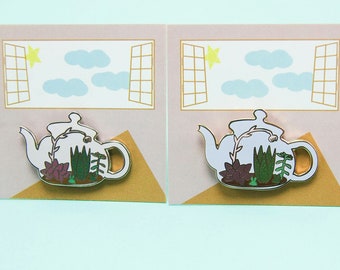 SILVER & GOLD| Terrarium pin | teapot pin| terrarium enamel pin| tea thoughts | plant pin | plant lover |tea pot terrarium |tea lover gift