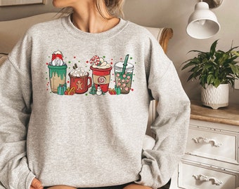 Christmas Gnome Coffee Sweatshirt, Holiday Coffee Sweatshirt, Peppermint Mocha Womens Sweatshirt, Cute Holiday Drinks Shirt